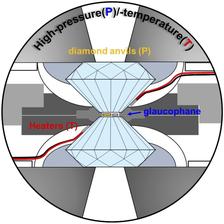 glaucophance samples in diamond anvils in high-pressure cell 