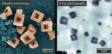 Scanning electron microscopy image (left) of the hollow copper nanocubes outside the chemical reactor and X-ray ptychography (right)